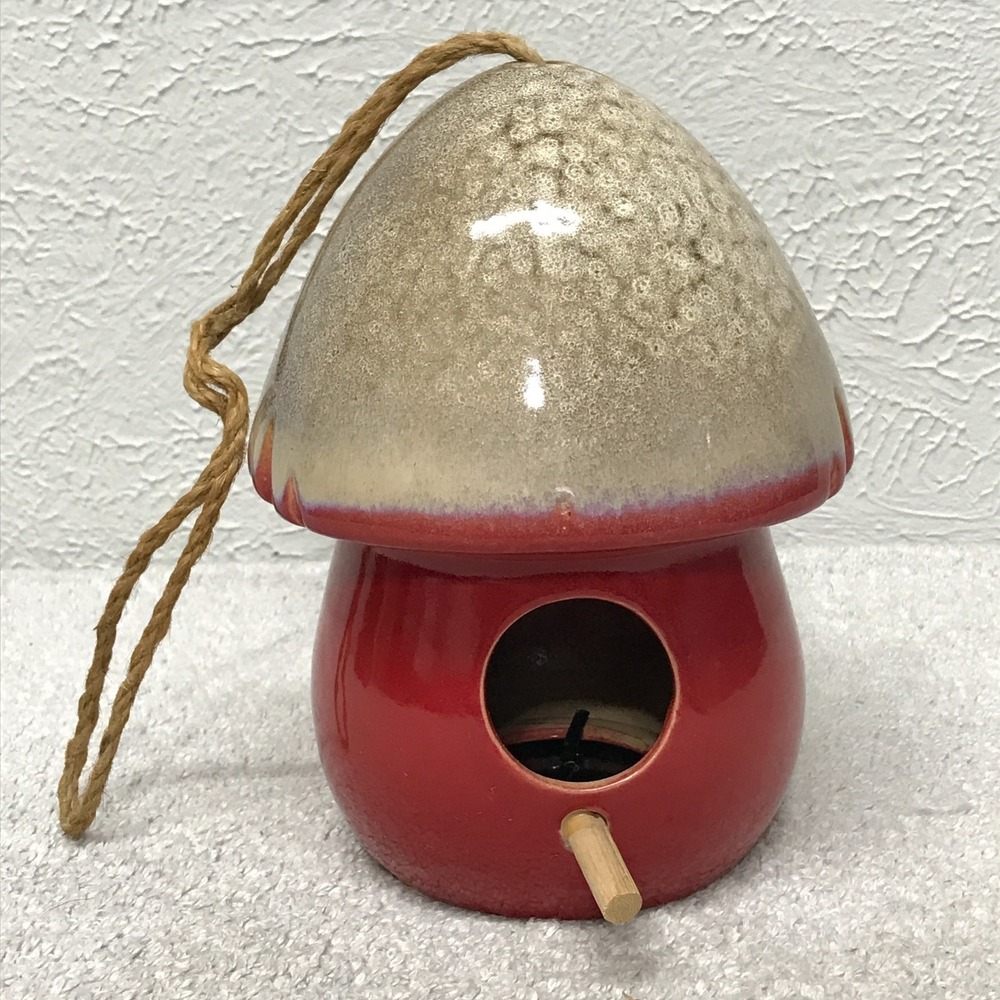Ceramic Mushroom Birdhouse Hanging Garden Decor Red Toadstool Village Novelty 8"